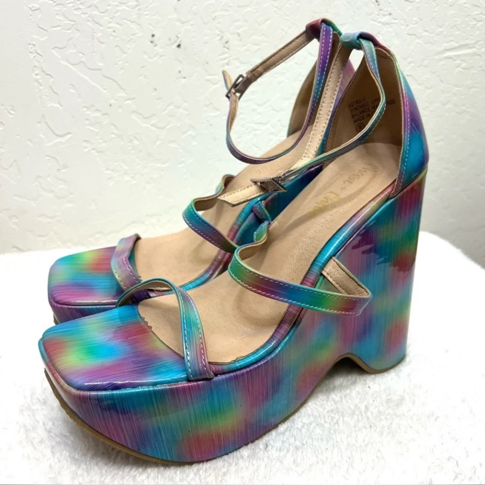 Chase & Chloe Astra Platform Wedge Multicolor Ankle Strap Sandals Size 8